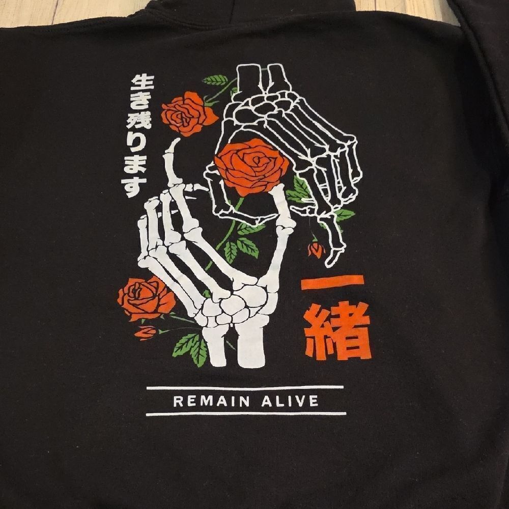 Black Hoodie with Skeleton and Rose Design - Picture 5 of 6